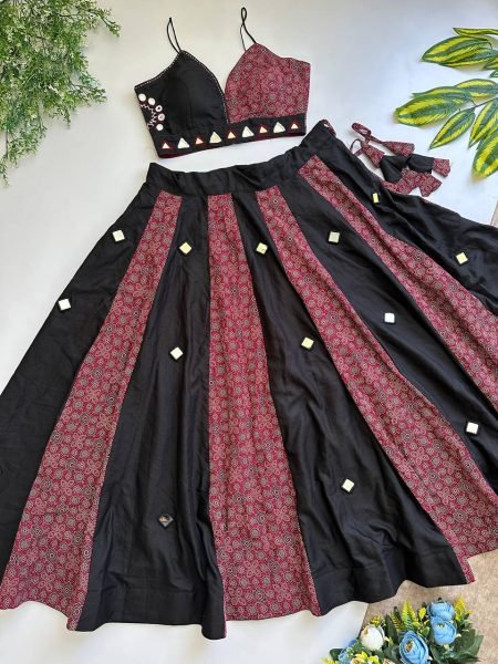Supreme Black Maroon Designer Ajrakh Slub Cotton Lehenga with Canvas Stitching Navratri Lehnega Choli