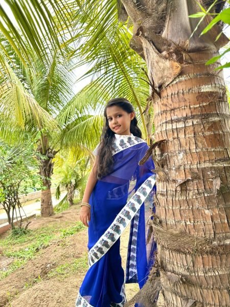 Supreme Blue Premium Kids Ready to Wear Faux Printed Saree with Dola Silk Blouse Girls Wear