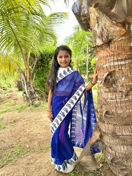 Supreme Blue Premium Kids Ready to Wear Faux Printed Saree with Dola Silk Blouse Girls Wear