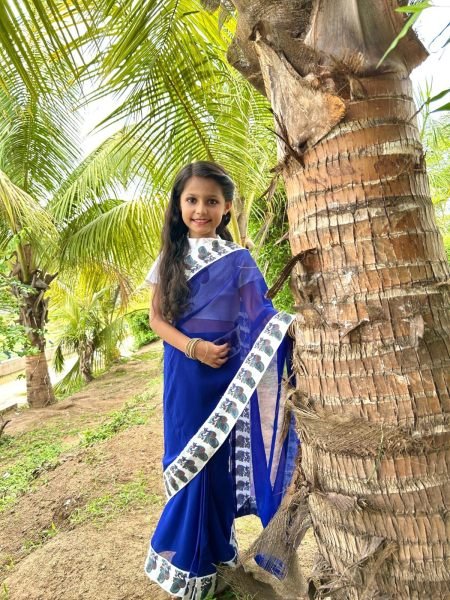 Supreme Blue Premium Kids Ready to Wear Faux Printed Saree with Dola Silk Blouse Girls Wear