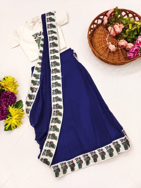 Supreme Blue Premium Kids Ready to Wear Faux Printed Saree with Dola Silk Blouse Girls Wear