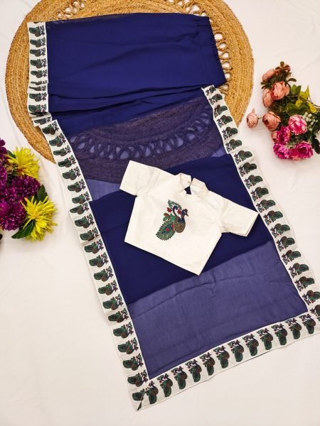 Supreme Blue Premium Kids Ready to Wear Faux Printed Saree with Dola Silk Blouse Girls Wear