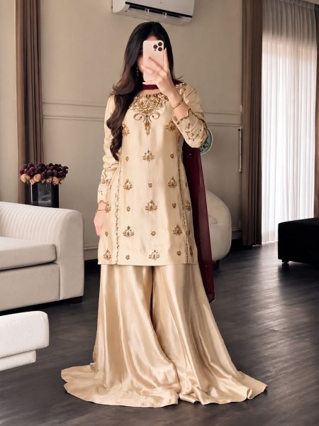 Supreme Cream Crepe Sharara Suit Set with Embroidered Top For Women Fashionable Kurti Palazzo Set 