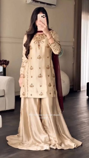 Supreme Cream Crepe Sharara Suit Set with Embroidered Top For Women Fashionable Kurti Palazzo Set Ready To Wear Collection