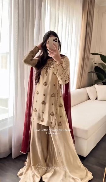 Supreme Cream Crepe Sharara Suit Set with Embroidered Top For Women Fashionable Kurti Palazzo Set Ready To Wear Collection