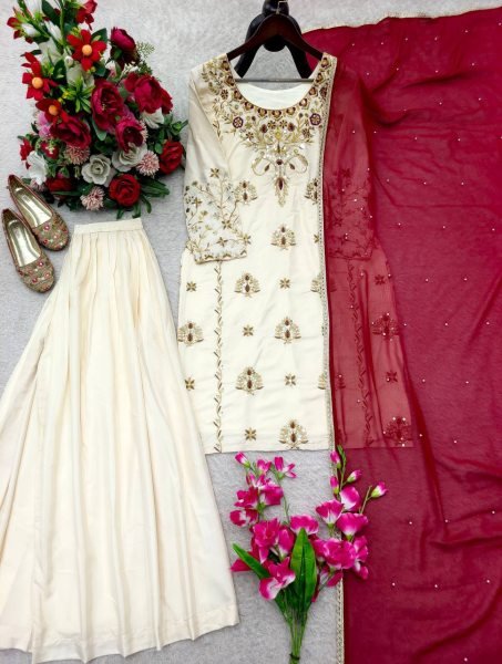 Supreme Cream Crepe Sharara Suit Set with Embroidered Top For Women Fashionable Kurti Palazzo Set Ready To Wear Collection