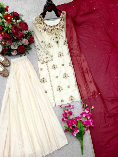Supreme Cream Crepe Sharara Suit Set with Embroidered Top For Women Fashionable Kurti Palazzo Set Ready To Wear Collection