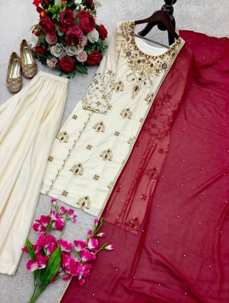 Supreme Cream Crepe Sharara Suit Set with Embroidered Top For Women Fashionable Kurti Palazzo Set Ready To Wear Collection