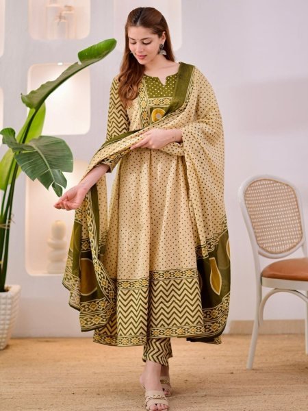 Supreme Cream Jaipuri Pure Cotton Suit Set with Printed Pants and Cotton Dupatta 
