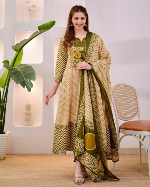 Supreme Cream Jaipuri Pure Cotton Suit Set with Printed Pants and Cotton Dupatta Anarkali Kurtis 