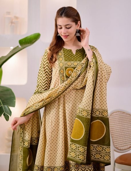 Supreme Cream Jaipuri Pure Cotton Suit Set with Printed Pants and Cotton Dupatta Anarkali Kurtis 