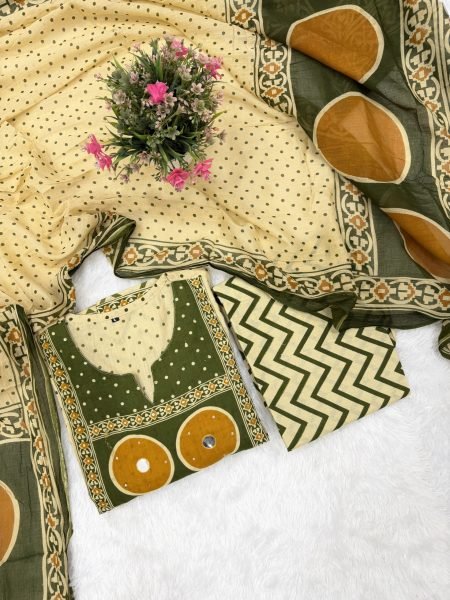 Supreme Cream Jaipuri Pure Cotton Suit Set with Printed Pants and Cotton Dupatta Anarkali Kurtis 
