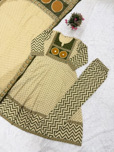 Supreme Cream Jaipuri Pure Cotton Suit Set with Printed Pants and Cotton Dupatta Anarkali Kurtis 