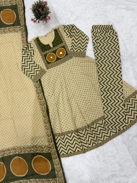 Supreme Cream Jaipuri Pure Cotton Suit Set with Printed Pants and Cotton Dupatta Anarkali Kurtis 