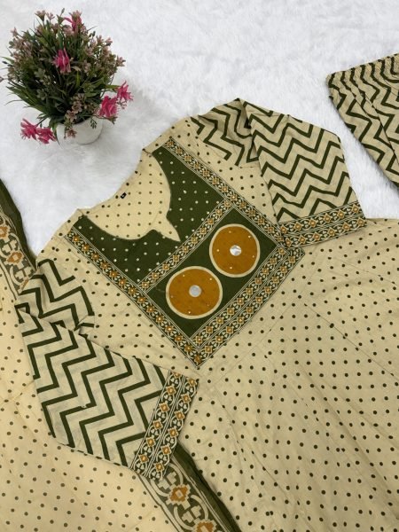 Supreme Cream Jaipuri Pure Cotton Suit Set with Printed Pants and Cotton Dupatta Anarkali Kurtis 
