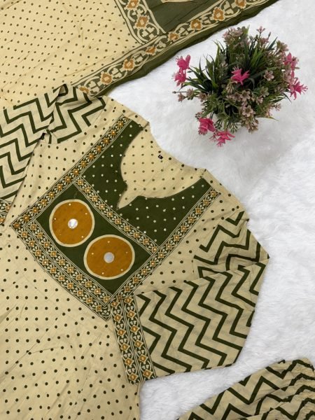 Supreme Cream Jaipuri Pure Cotton Suit Set with Printed Pants and Cotton Dupatta Anarkali Kurtis 