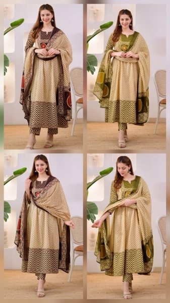 Supreme Cream Jaipuri Pure Cotton Suit Set with Printed Pants and Cotton Dupatta Anarkali Kurtis 