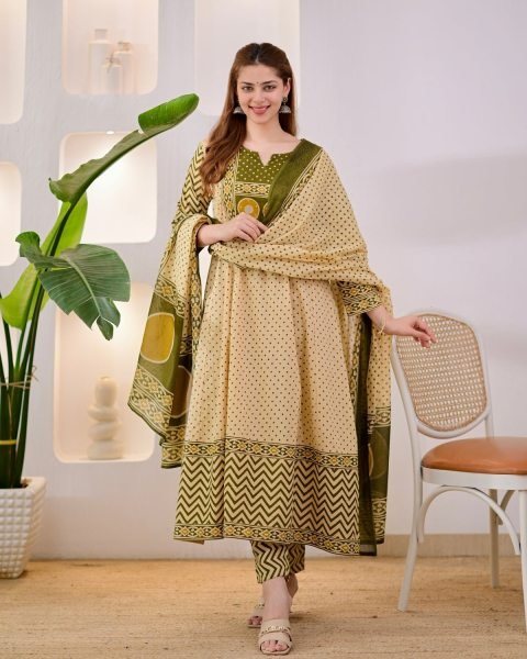 Supreme Cream Jaipuri Pure Cotton Suit Set with Printed Pants and Cotton Dupatta Anarkali Kurtis 