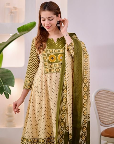 Supreme Cream Jaipuri Pure Cotton Suit Set with Printed Pants and Cotton Dupatta Anarkali Kurtis 