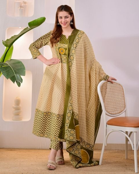 Supreme Cream Jaipuri Pure Cotton Suit Set with Printed Pants and Cotton Dupatta Anarkali Kurtis 