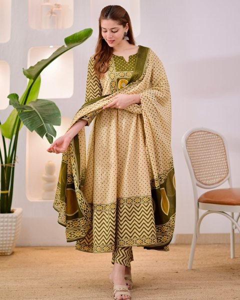 Supreme Cream Jaipuri Pure Cotton Suit Set with Printed Pants and Cotton Dupatta Anarkali Kurtis 