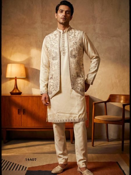 Supreme Cream Men's Pure Heavy Armani Indo Western Suit for Groom 