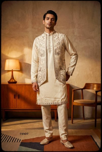 Supreme Cream Men's Pure Heavy Armani Indo Western Suit for Groom Kurta Pajama Wholesale