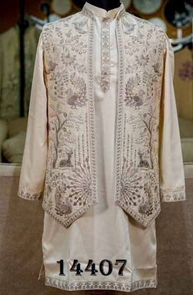 Supreme Cream Men's Pure Heavy Armani Indo Western Suit for Groom Kurta Pajama Wholesale