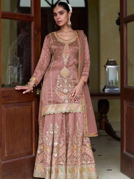 Supreme Dusty Rose  Fine Shimmer Silk Embroidered Sharara Suit Set. 
