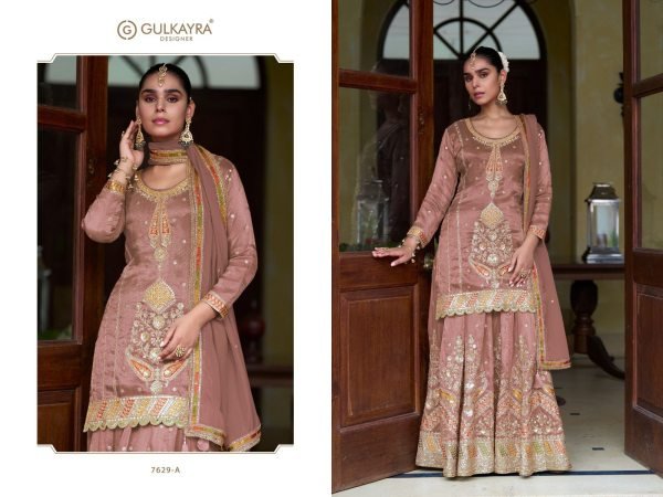 Supreme Dusty Rose  Fine Shimmer Silk Embroidered Sharara Suit Set. Designer Plazzo Salwar Suits Wholesale