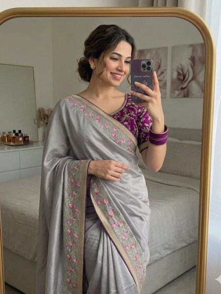 Supreme Grey Chinon Silk Saree with Embroidery Work for Party Wear Sarees 