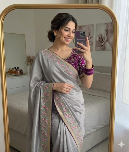Supreme Grey Chinon Silk Saree with Embroidery Work for Party Wear Silk Sarees Wholesale