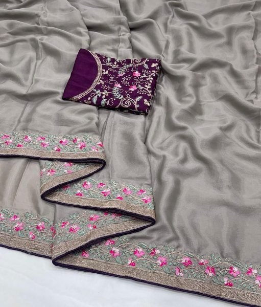 Supreme Grey Chinon Silk Saree with Embroidery Work for Party Wear Silk Sarees Wholesale