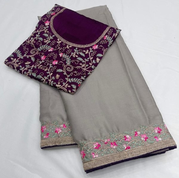Supreme Grey Chinon Silk Saree with Embroidery Work for Party Wear Silk Sarees Wholesale