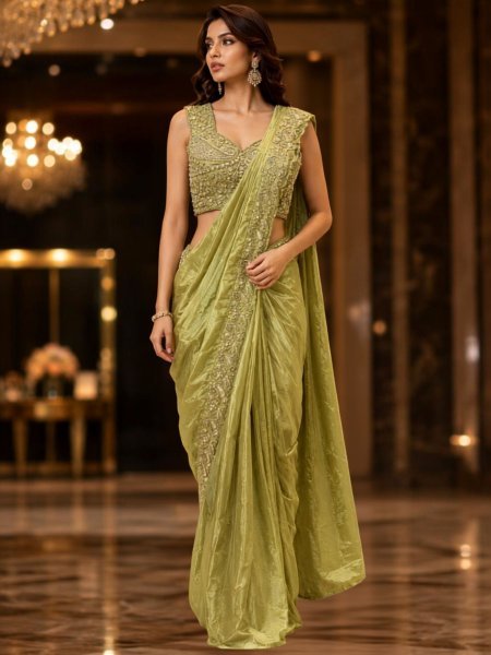 Supreme Light Green Women s Ready to Wear Chinnon Saree for Wedding Wear Sarees 