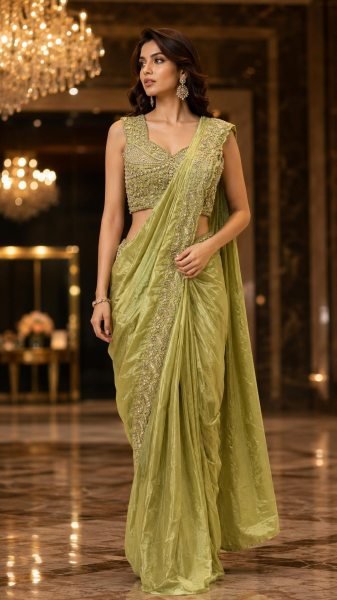 Supreme Light Green Women s Ready to Wear Chinnon Saree for Wedding Wear Designer Wedding Sarees Wholesale