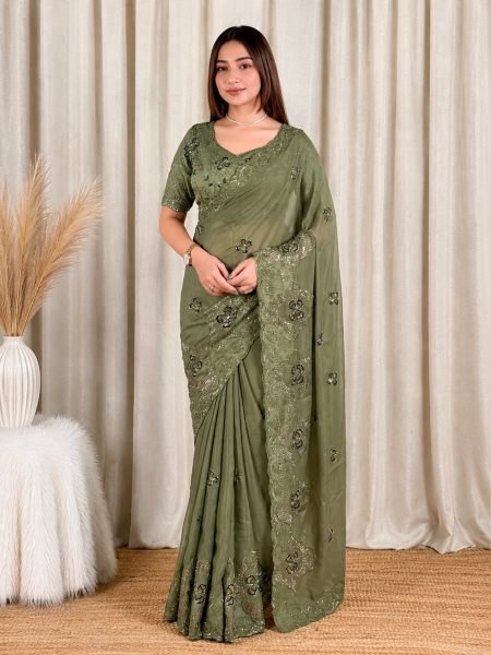 Supreme Mahendi Green Wedding Wear Star Georgette Saree with Embroidered Beads Blouse Georgette Sarees Wholesale