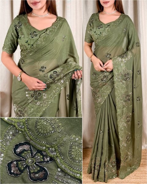 Supreme Mahendi Green Wedding Wear Star Georgette Saree with Embroidered Beads Blouse Georgette Sarees Wholesale