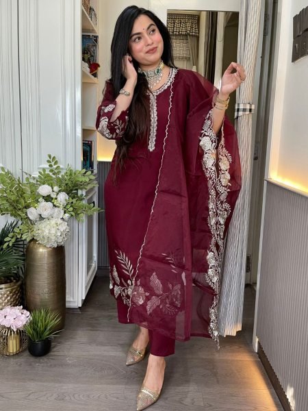 Supreme Maroon Chanderi Straight Cut Kurti Pant Dupatta Set At Factory Price  Embroidery Kurtis 