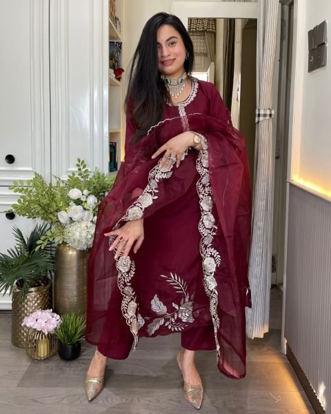 Supreme Maroon Chanderi Straight Cut Kurti Pant Dupatta Set At Factory Price  Embroidery Kurtis 