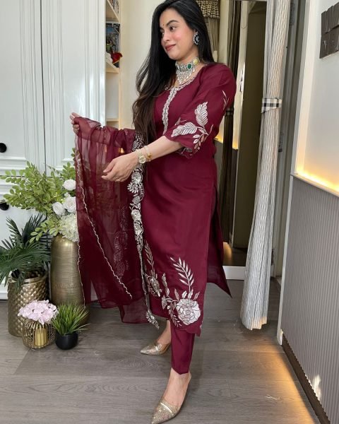 Supreme Maroon Chanderi Straight Cut Kurti Pant Dupatta Set At Factory Price  Embroidery Kurtis 