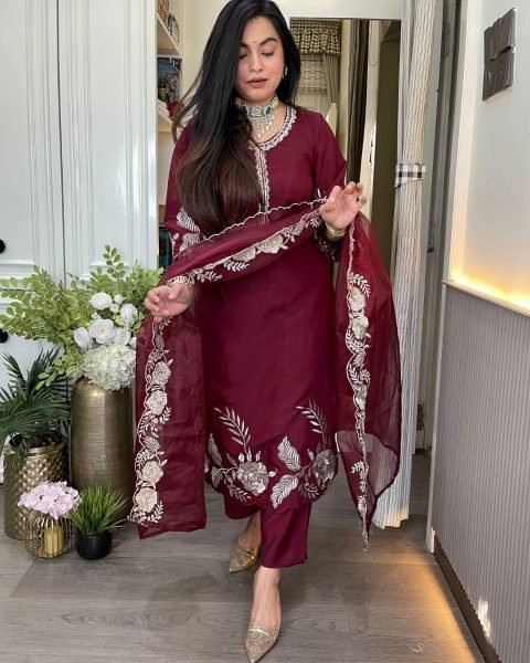 Supreme Maroon Chanderi Straight Cut Kurti Pant Dupatta Set At Factory Price  Embroidery Kurtis 