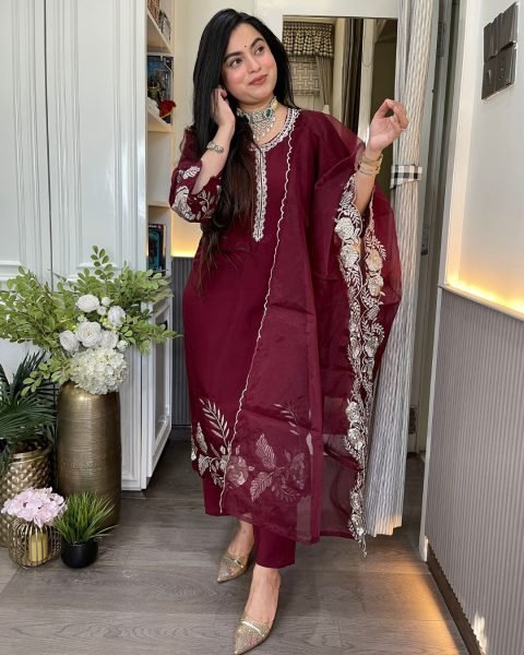 Supreme Maroon Chanderi Straight Cut Kurti Pant Dupatta Set At Factory Price  Embroidery Kurtis 