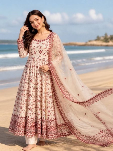 Supreme Maroon Faux Georgette Anarkali Suit with Sequins Work for Festive Wear 