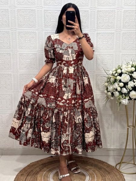 Supreme Maroon Premium Muslin Cotton Printed A-Line Dress for Women 