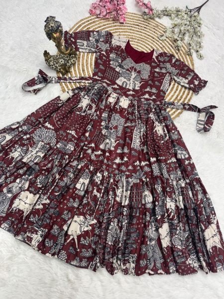 Supreme Maroon Premium Muslin Cotton Printed A-Line Dress for Women Western Ladies Top Wholesale