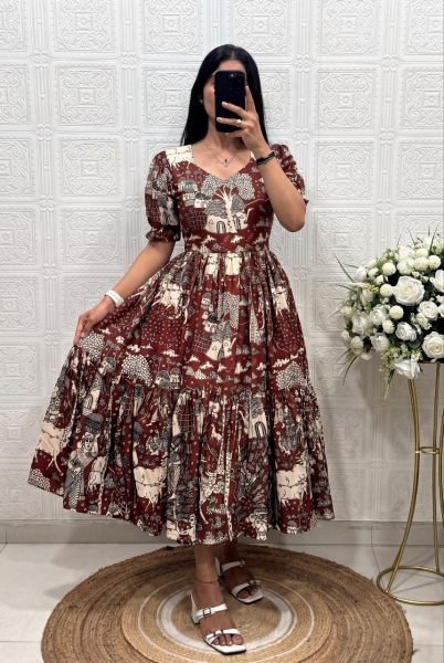 Supreme Maroon Premium Muslin Cotton Printed A-Line Dress for Women Western Ladies Top Wholesale