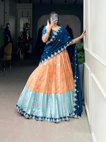 Supreme Orange Zari Kota Lehenga with Banglory Blouse and Vichitra Silk Dupatta Half Saree Lehenga