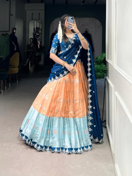 Supreme Orange Zari Kota Lehenga with Banglory Blouse and Vichitra Silk Dupatta Half Saree Lehenga