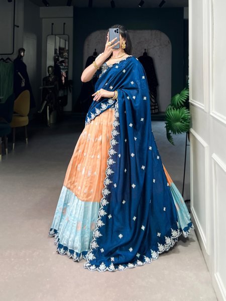 Supreme Orange Zari Kota Lehenga with Banglory Blouse and Vichitra Silk Dupatta Half Saree Lehenga